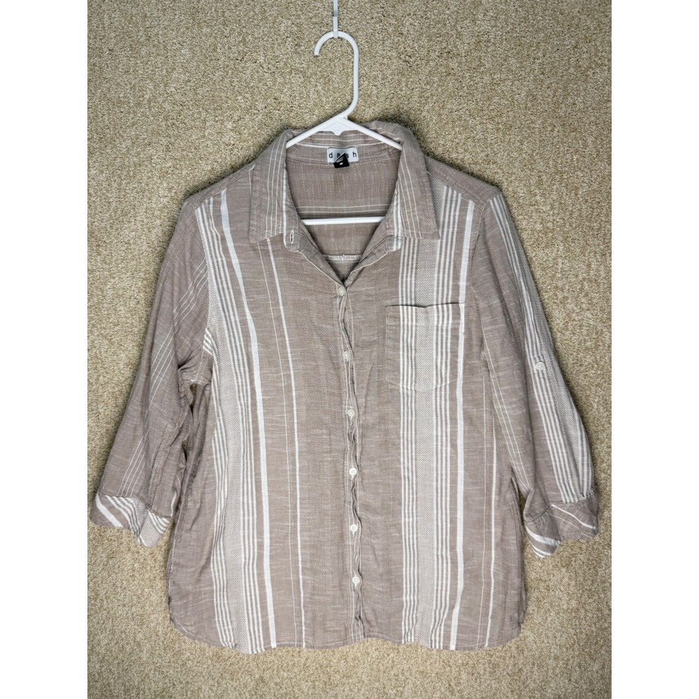 d-a-s-h cotton top tan white striped roll tab 3/4 sleeveโ button down shirt M